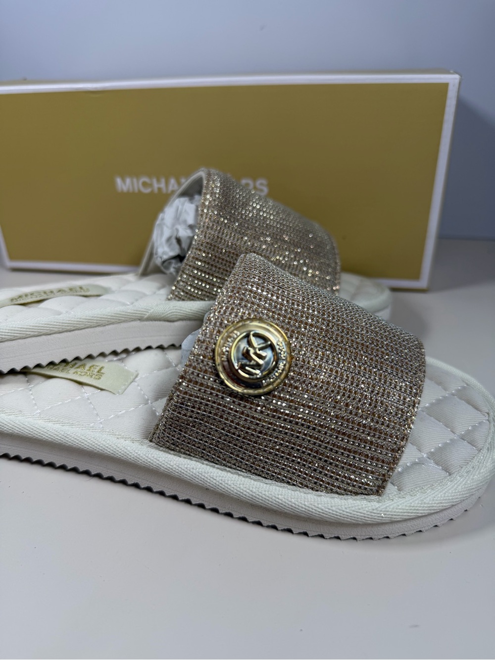 Michael Kors Gold Glitter Quilted Slide Sandals